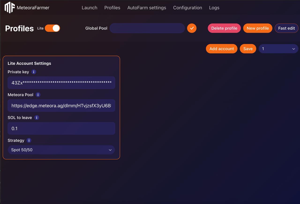 Filled 'Private key' and 'Pool' fields